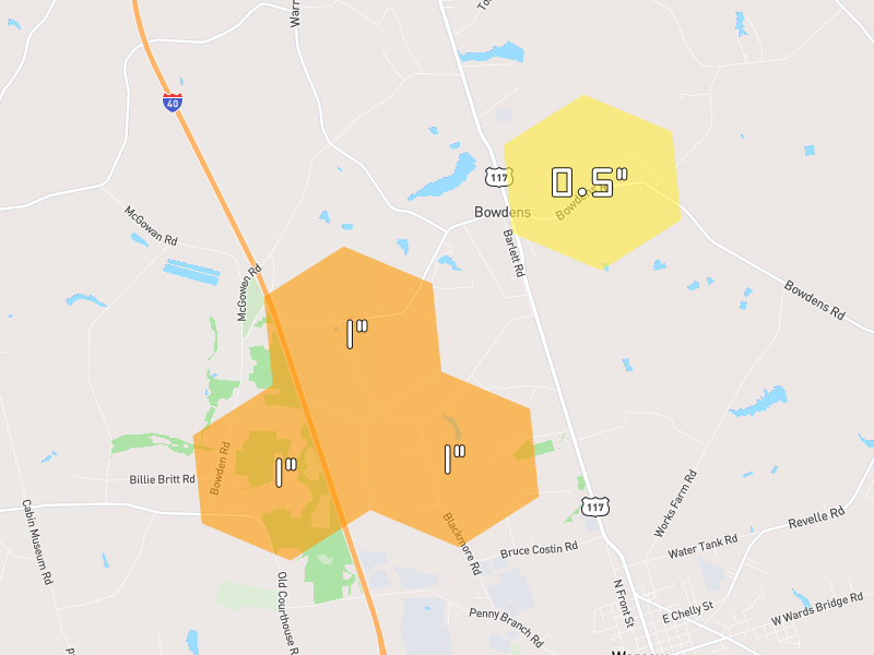 Hail map of Warsaw, NC on Jul 5, 2026, hail up to 1"