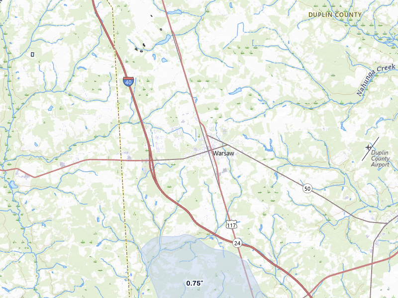 NEXRAD radar-signature map of the hail storm over Warsaw, NC on Jul 8, 2026