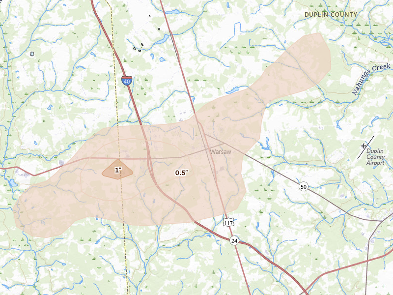 Radar-estimated hail-size map of the storm over Warsaw, NC on Jul 20, 2026