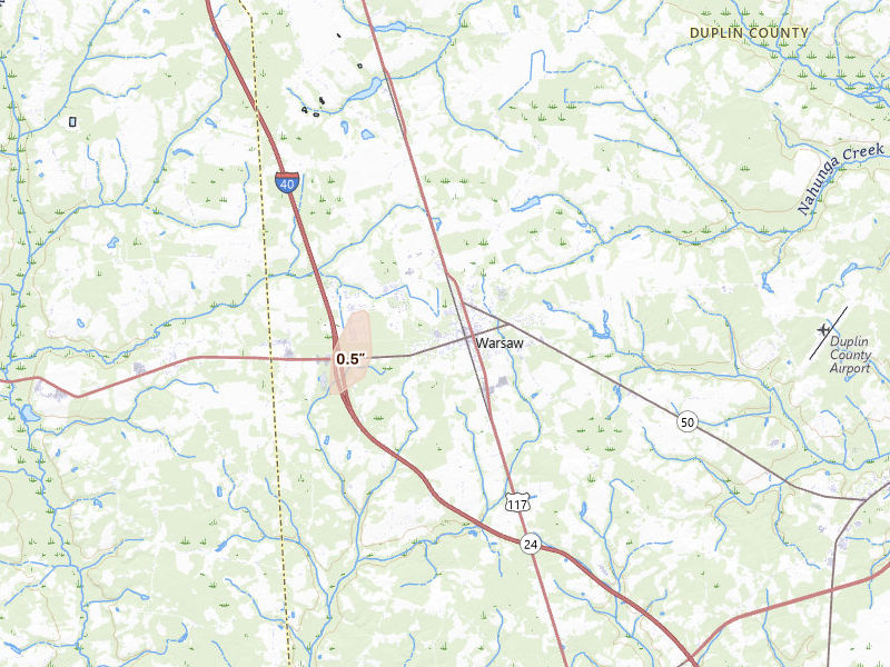 Radar-estimated hail-size map of the storm over Warsaw, NC on Aug 21, 2026