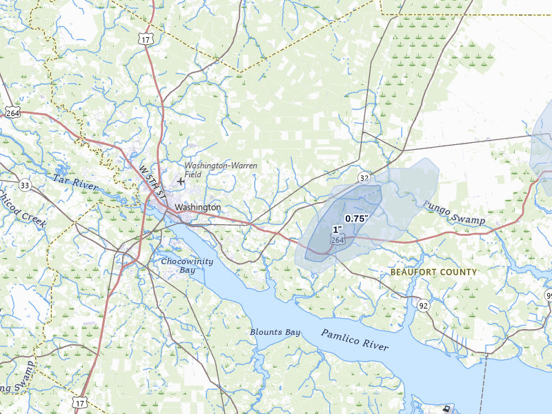 NEXRAD radar-signature map of the hail storm over Washington, NC on Jul 7, 2026