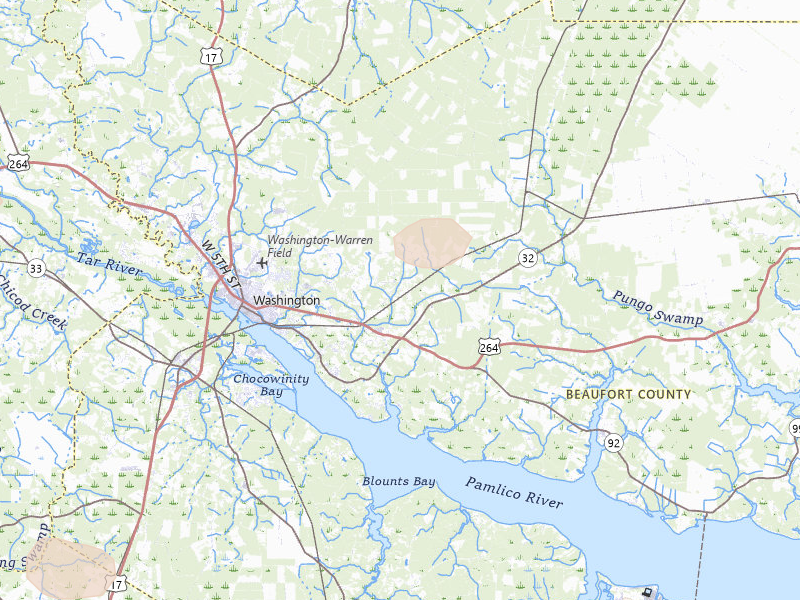 Radar-estimated hail-size map of the storm over Washington, NC on Jul 8, 2026