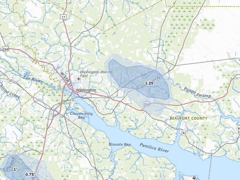 NEXRAD radar-signature map of the hail storm over Washington, NC on Jul 8, 2026