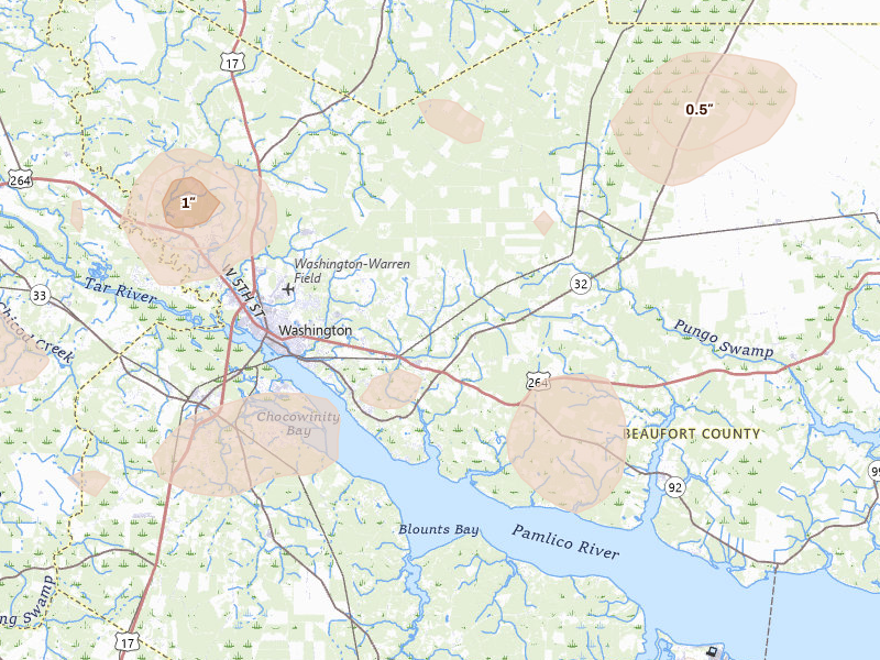 Radar-estimated hail-size map of the storm over Washington, NC on Jul 20, 2026