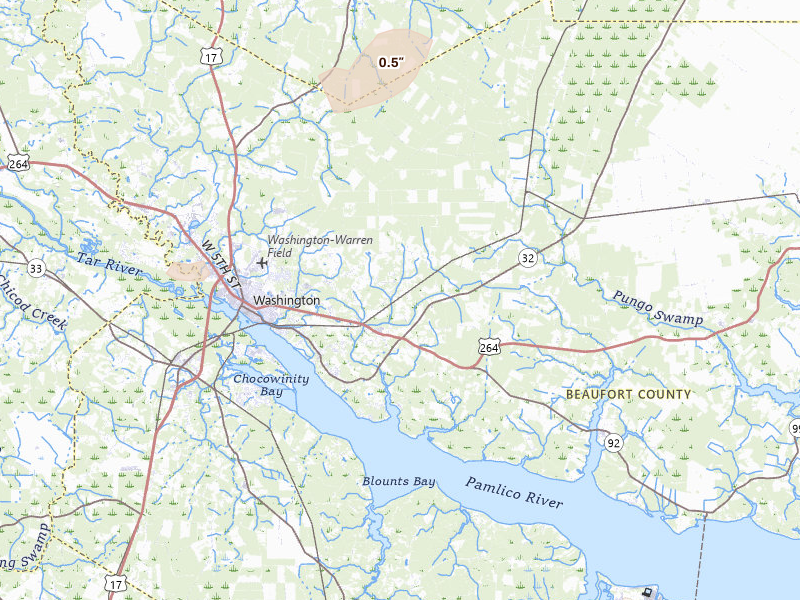 Radar-estimated hail-size map of the storm over Washington, NC on Jul 21, 2026