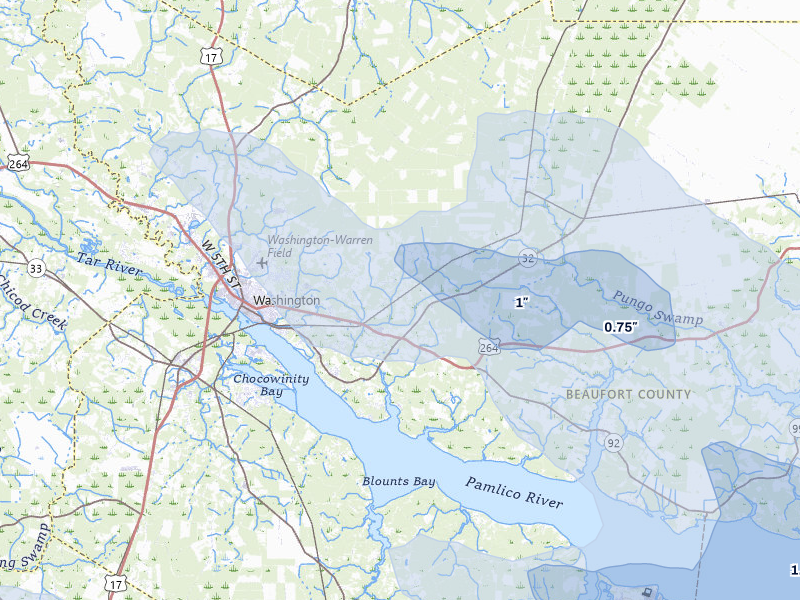 NEXRAD radar-signature map of the hail storm over Washington, NC on Jul 28, 2026
