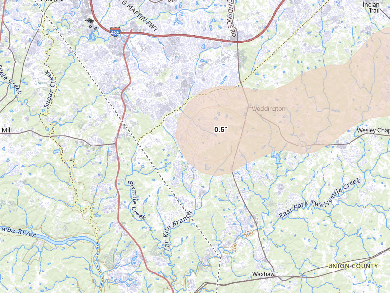 Radar-estimated hail-size map of the storm over Waxhaw, NC on Aug 21, 2026