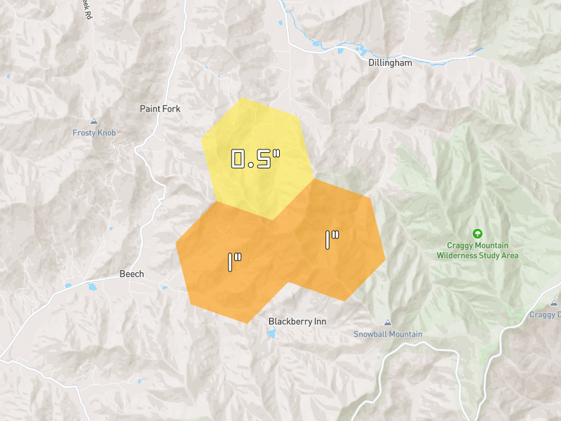 Hail map of Weaverville, NC on Jul 1, 2026, hail up to 1"
