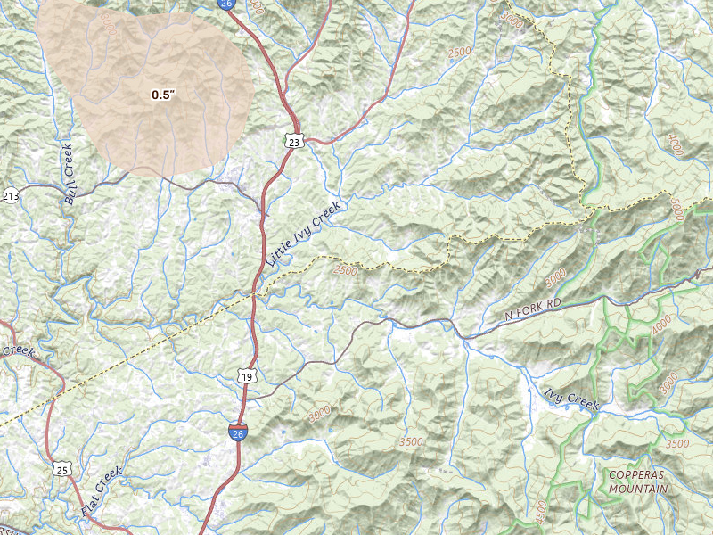 Radar-estimated hail-size map of the storm over Weaverville, NC on Jul 28, 2026