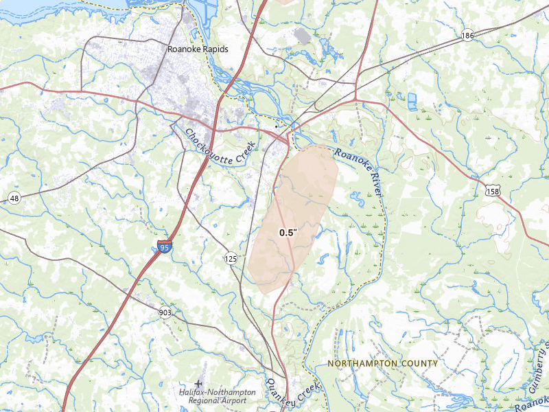 Radar-estimated hail-size map of the storm over Weldon, NC on Sep 2, 2026
