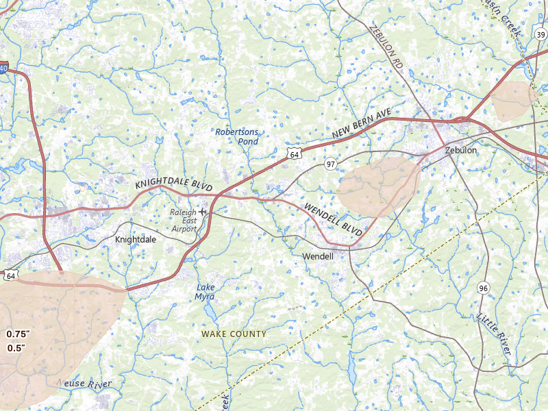Radar-estimated hail-size map of the storm over Wendell, NC on Jul 6, 2026