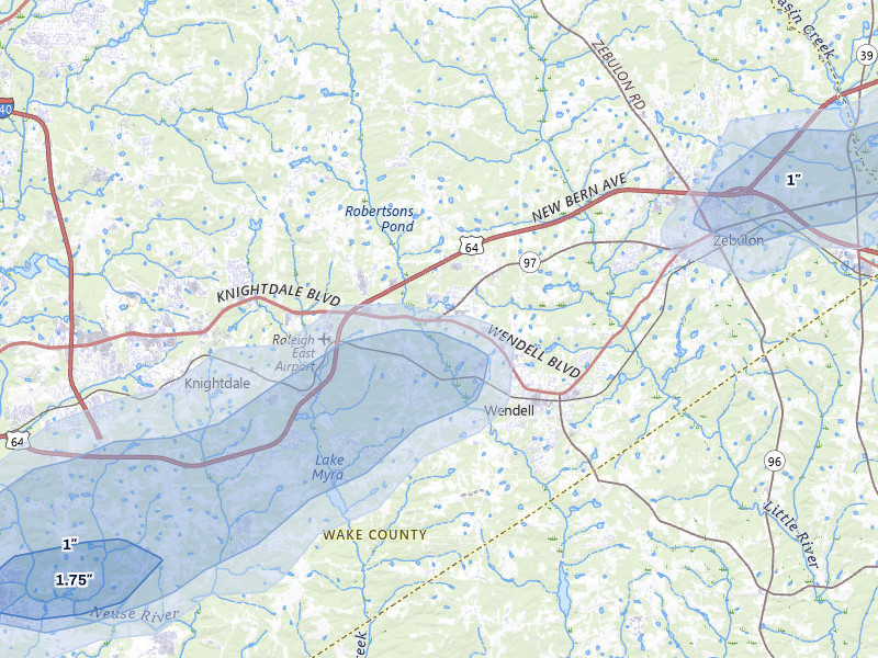 NEXRAD radar-signature map of the hail storm over Wendell, NC on Jul 6, 2026