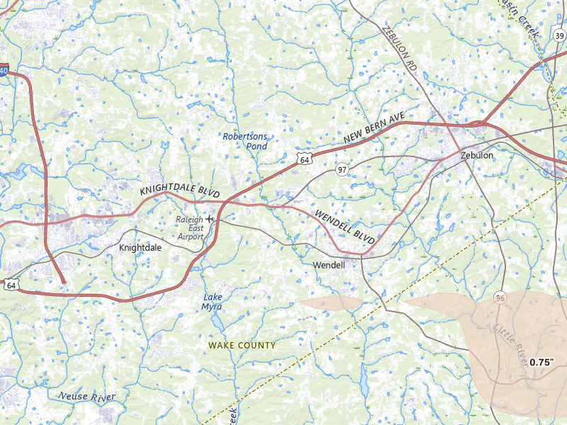 Radar-estimated hail-size map of the storm over Wendell, NC on Jul 19, 2026
