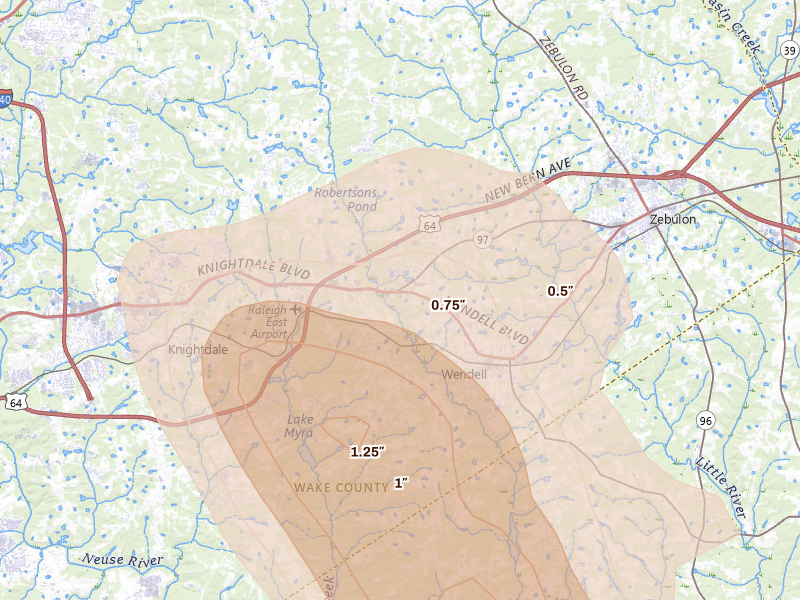 Radar-estimated hail-size map of the storm over Wendell, NC on Sep 4, 2026