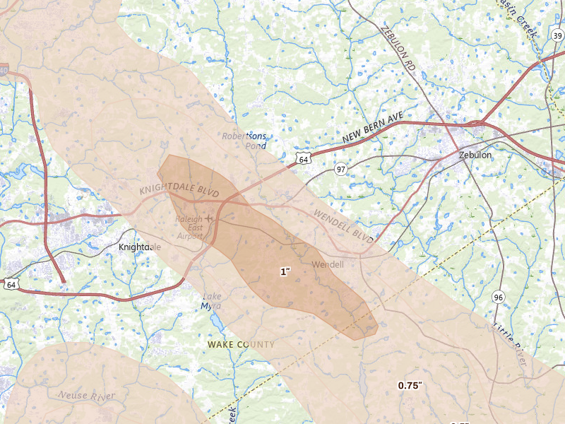 Radar-estimated hail-size map of the storm over Wendell, NC