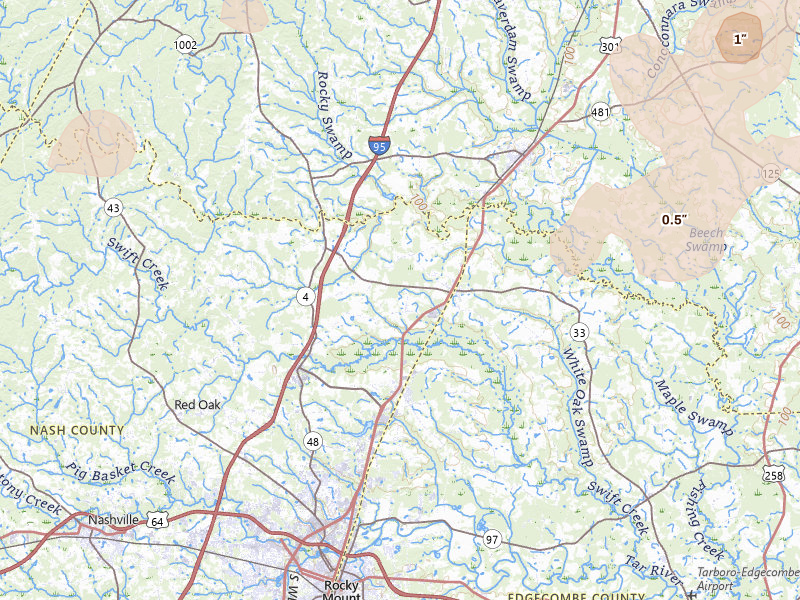 Radar-estimated hail-size map of the storm over Whitakers, NC on Jul 6, 2026