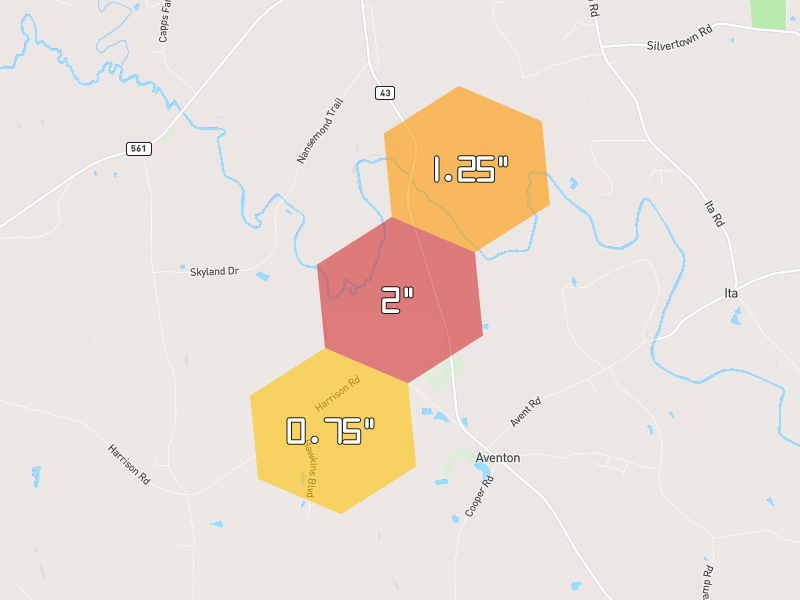 Hail map of Whitakers, NC on Jul 6, 2026, hail up to 2"