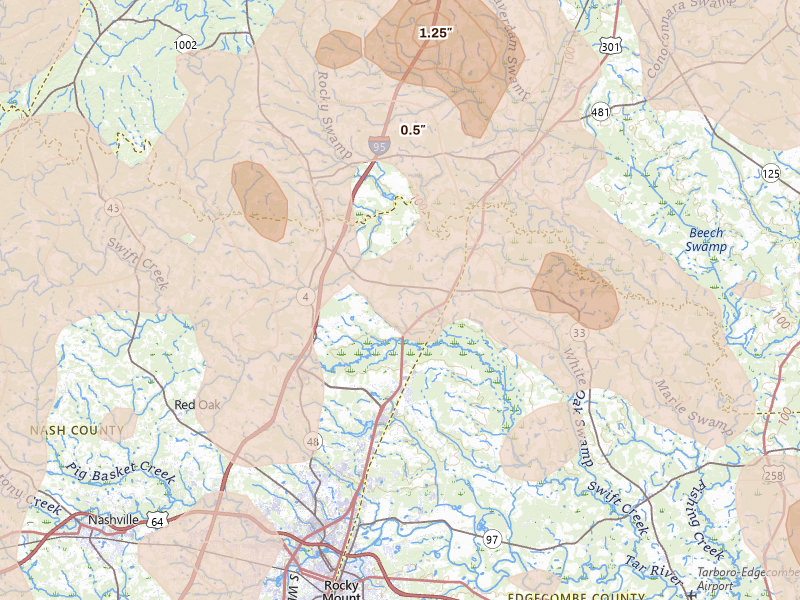 Radar-estimated hail-size map of the storm over Whitakers, NC on Sep 4, 2026