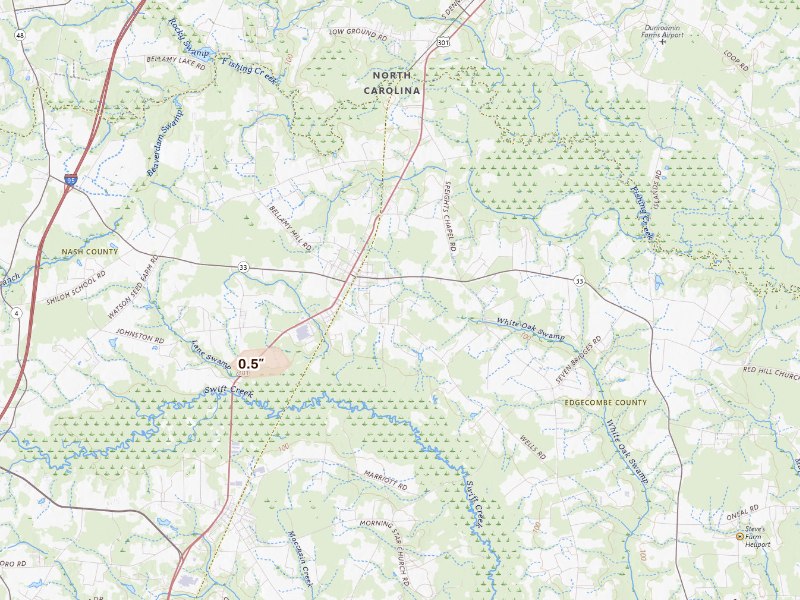 Radar-estimated hail-size map of the storm over Whitakers, NC