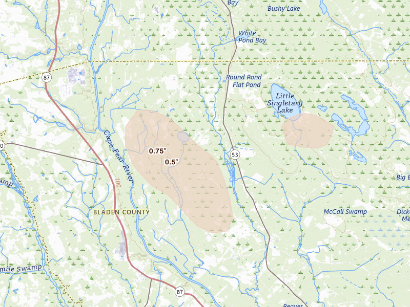 Radar-estimated hail-size map of the storm over White Oak, NC