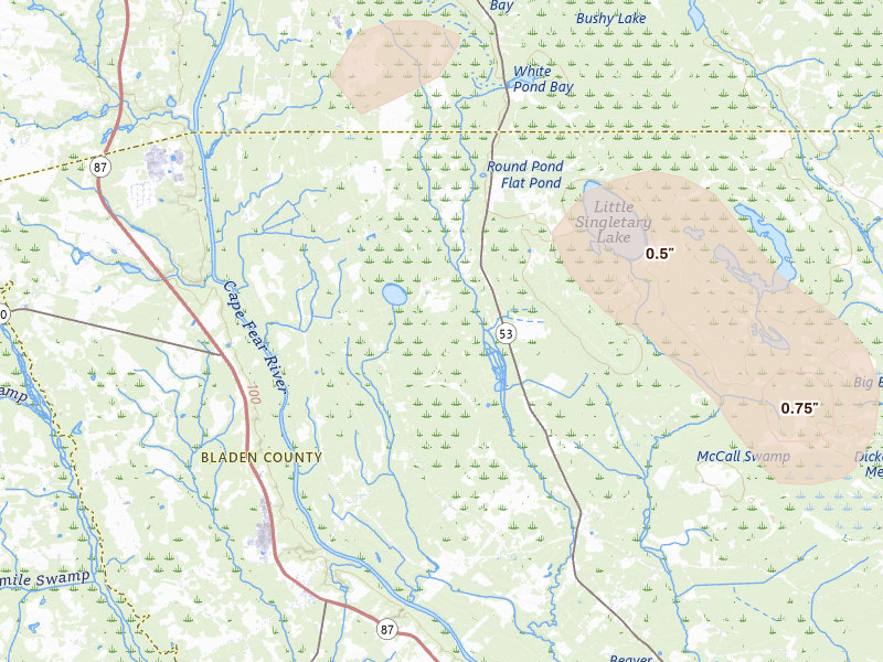 Radar-estimated hail-size map of the storm over White Oak, NC on Jul 6, 2026