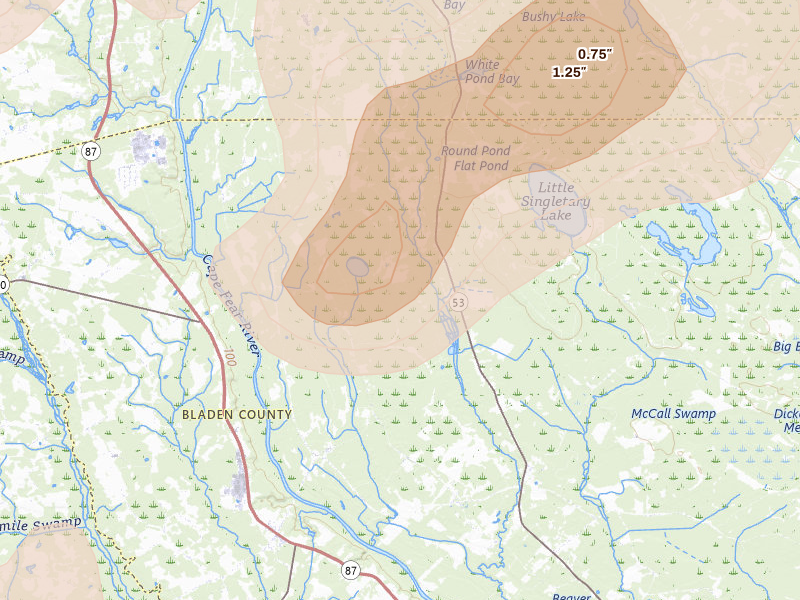Radar-estimated hail-size map of the storm over White Oak, NC on Aug 21, 2026