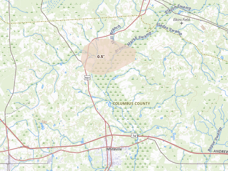Radar-estimated hail-size map of the storm over Whiteville, NC