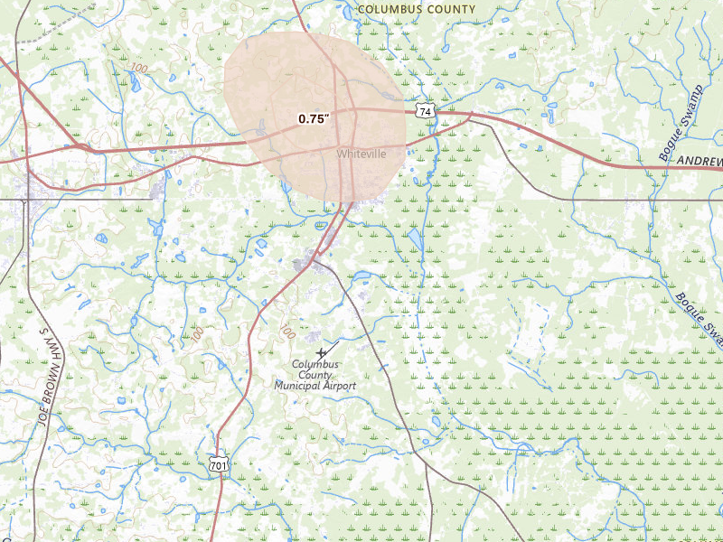 Radar-estimated hail-size map of the storm over Whiteville, NC