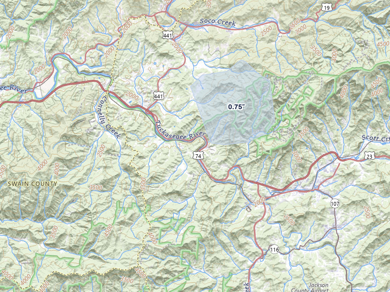 NEXRAD radar-signature map of the hail storm over Whittier, NC on Jul 3, 2026