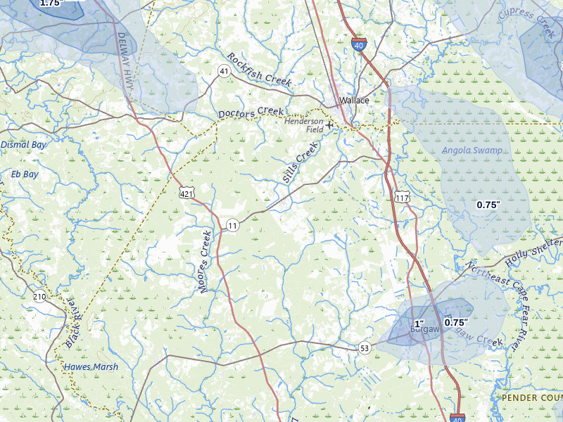 NEXRAD radar-signature map of the hail storm over Willard, NC on Jul 8, 2026