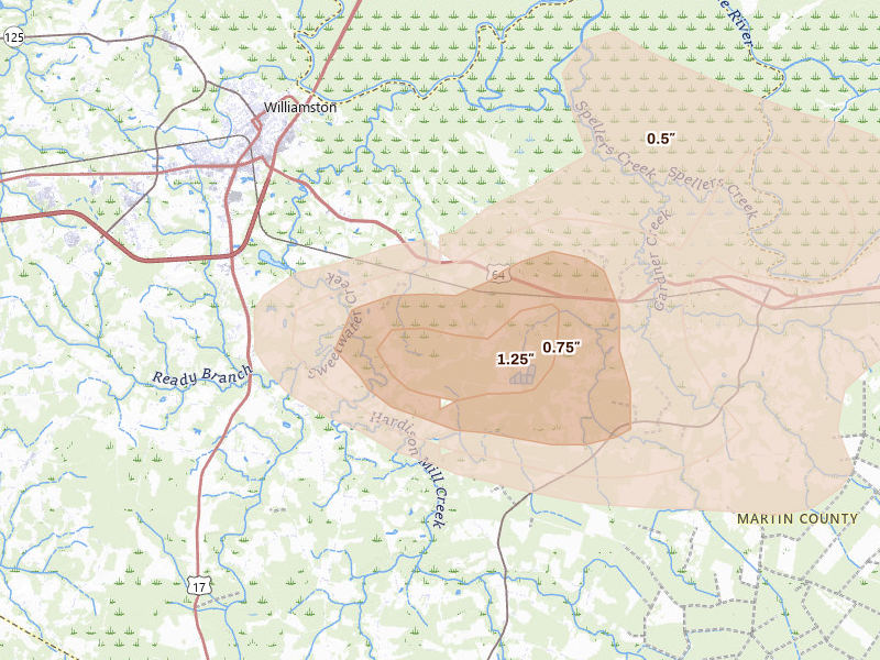 Radar-estimated hail-size map of the storm over Williamston, NC on Jul 19, 2026