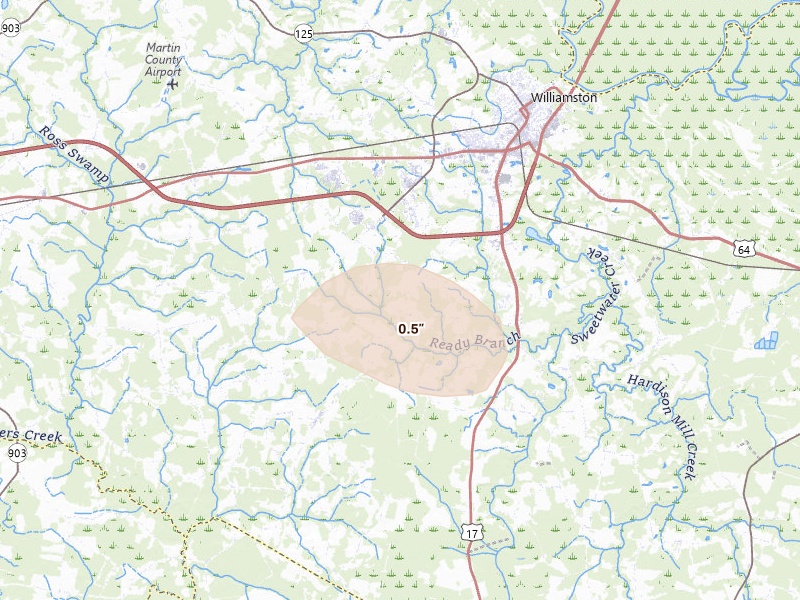 Radar-estimated hail-size map of the storm over Williamston, NC on Aug 10, 2026