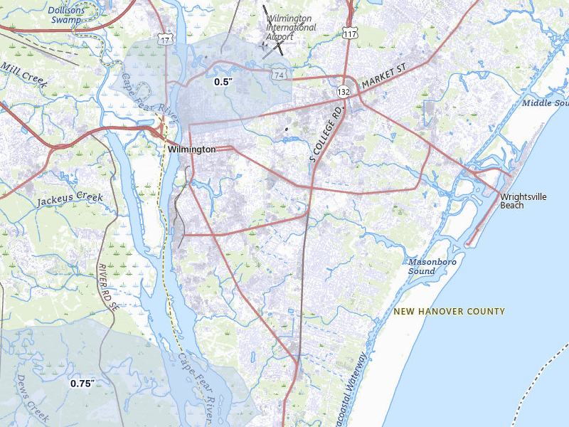 NEXRAD radar-signature map of the hail storm over Wilmington, NC on May 11, 2026