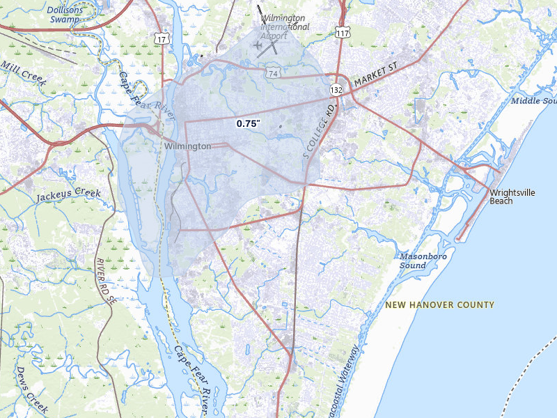 NEXRAD radar-signature map of the hail storm over Wilmington, NC on Jun 28, 2026