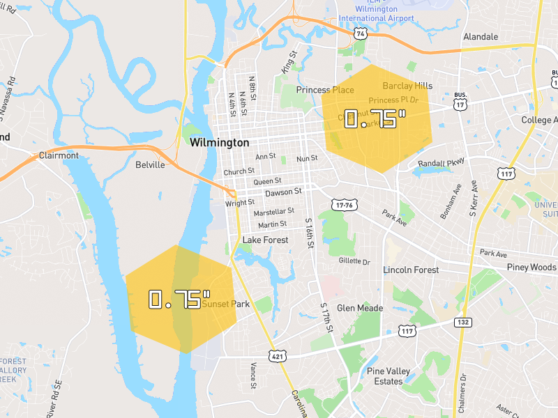 Hail map of Wilmington, NC on Jun 29, 2026, hail up to 0.75"