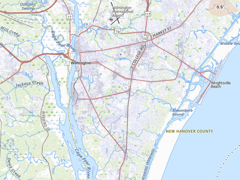 Radar-estimated hail-size map of the storm over Wilmington, NC on Jul 7, 2026