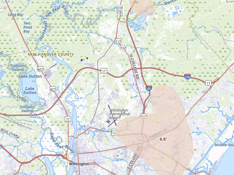 Radar-estimated hail-size map of the storm over Wilmington, NC on Aug 15, 2026