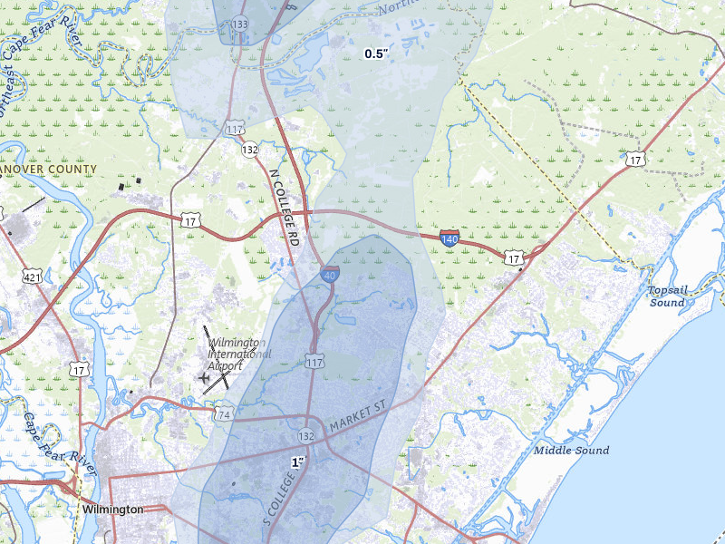 NEXRAD radar-signature map of the hail storm over Wilmington, NC on Aug 15, 2026