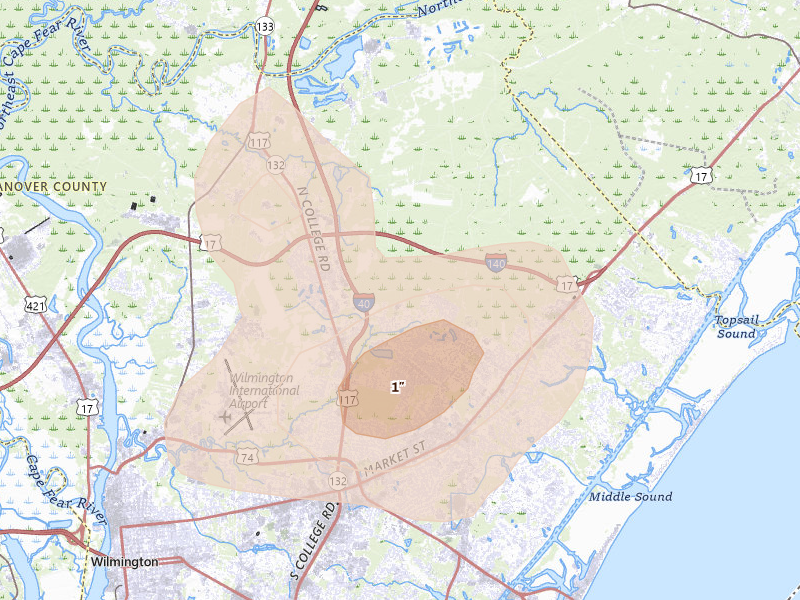 Radar-estimated hail-size map of the storm over Wilmington, NC on Aug 21, 2026