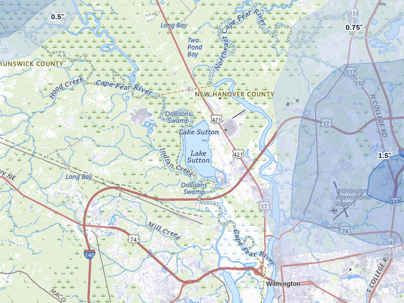 NEXRAD radar-signature map of the hail storm over Wilmington, NC on Aug 21, 2026