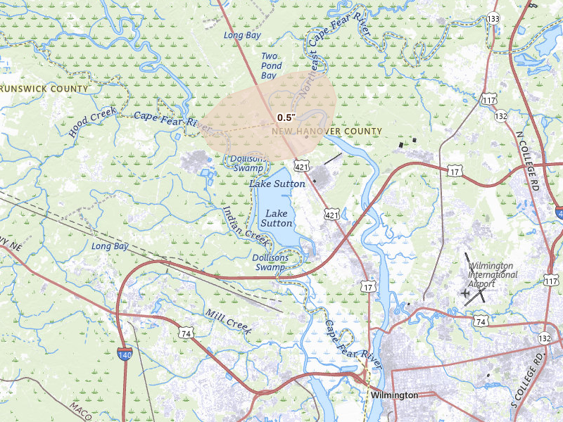 Radar-estimated hail-size map of the storm over Wilmington, NC on Aug 24, 2026
