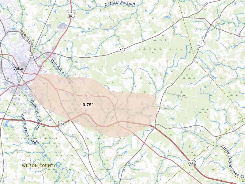 Radar-estimated hail-size map of the storm over Wilson, NC on Jun 11, 2026