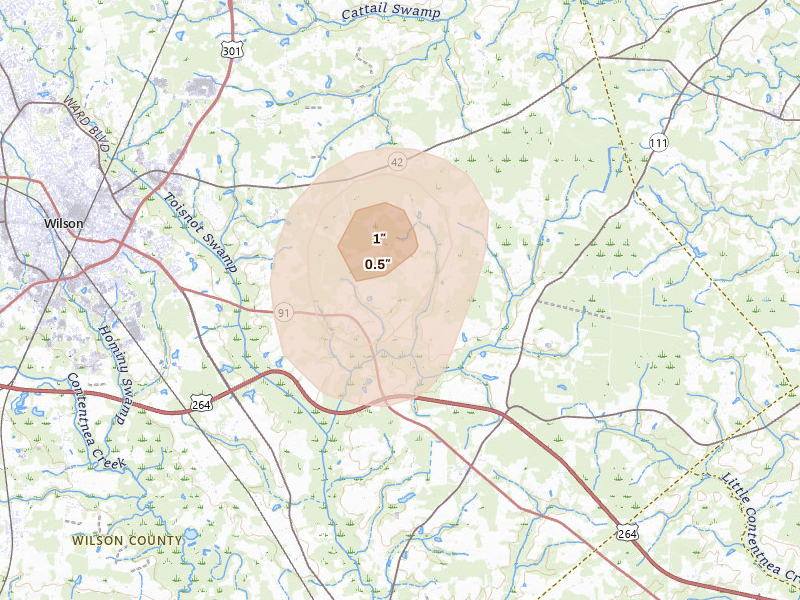 Radar-estimated hail-size map of the storm over Wilson, NC on Jul 6, 2026