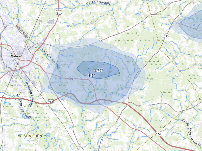 NEXRAD radar-signature map of the hail storm over Wilson, NC on Jul 6, 2026