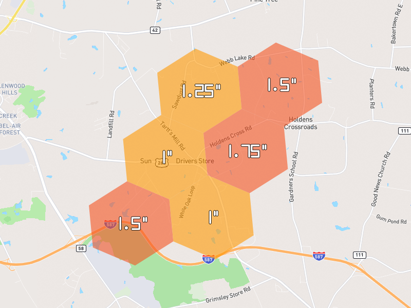 Hail map of Wilson, NC on Jul 6, 2026, hail up to 1.75"