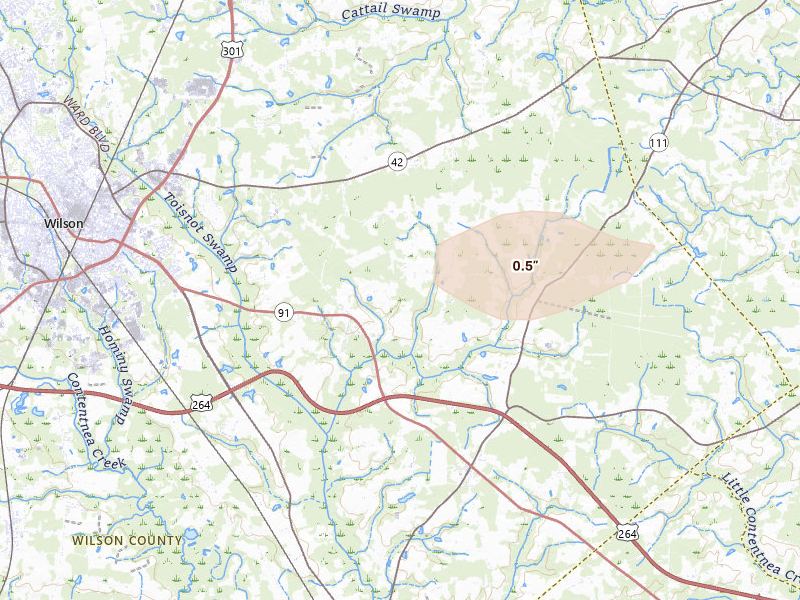 Radar-estimated hail-size map of the storm over Wilson, NC on Jul 20, 2026