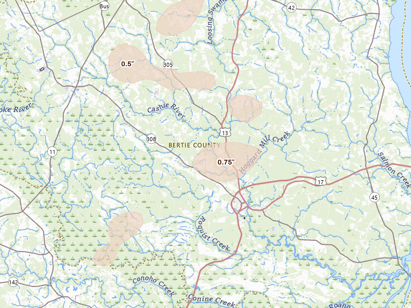 Radar-estimated hail-size map of the storm over Windsor, NC on Aug 20, 2026