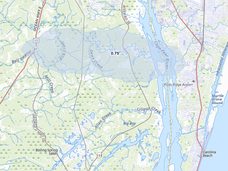 NEXRAD radar-signature map of the hail storm over Winnabow, NC on May 11, 2026