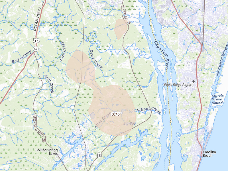 Radar-estimated hail-size map of the storm over Winnabow, NC