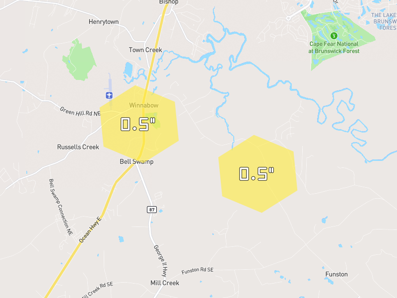 Hail map of Winnabow, NC on Jun 29, 2026, hail up to 0.5"